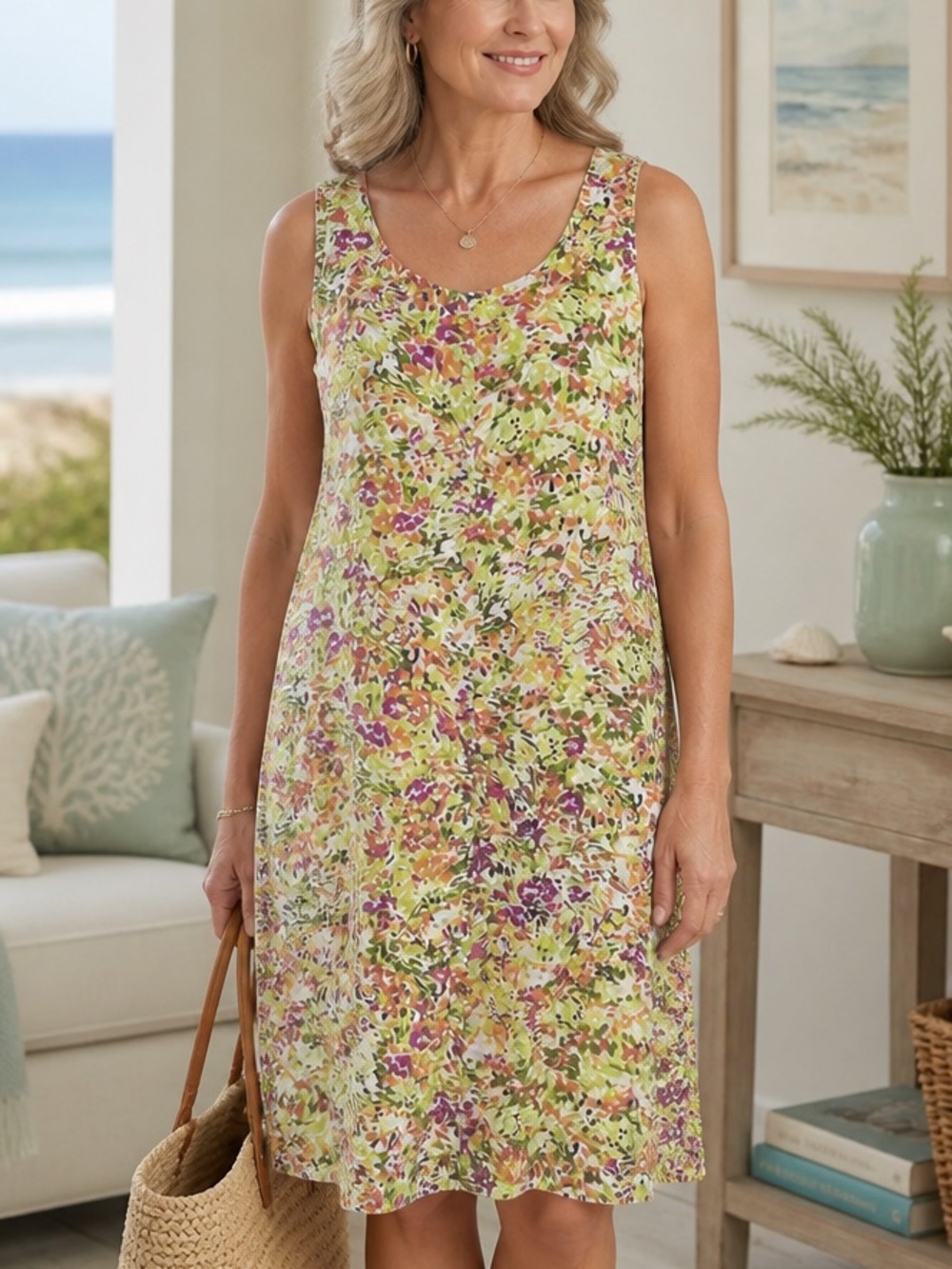 J Jill Love Linen Dress Floral Womens Medium Shift Sleeveless Knee Length